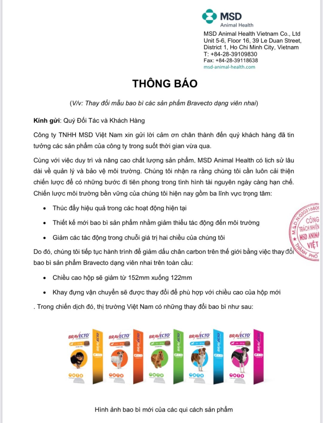 Bravecto diệt ghẻ ve rận bọ chét (chó 10 - 20kg)