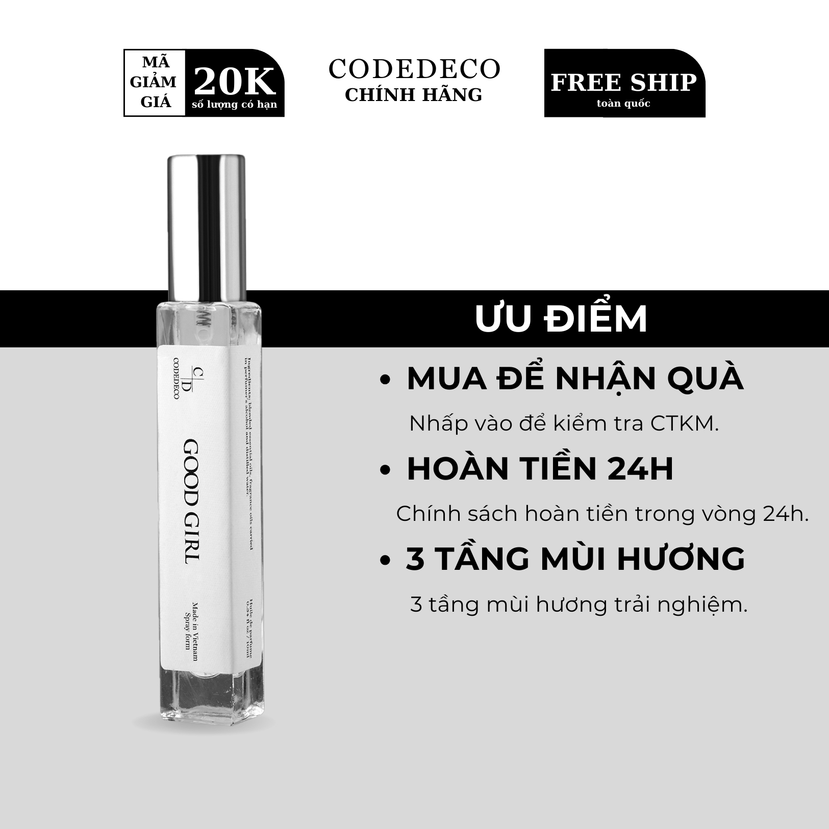 Tinh dầu nước hoa CODEDECO Good Girl 10ml dạng chai xịt