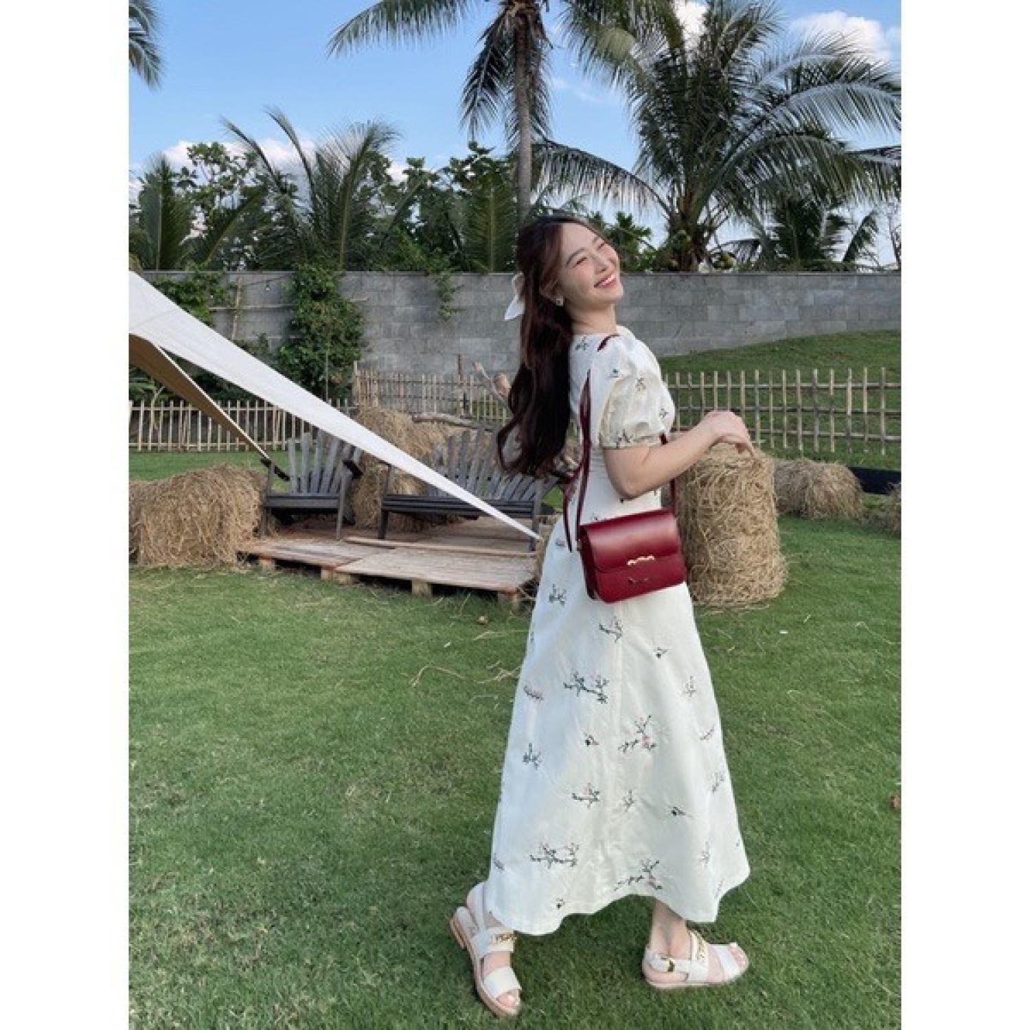 BIGSIZE đầm maxi cổ V tay bồng