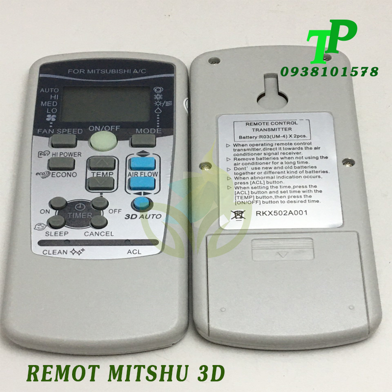 Điều Khiển, Remote Máy Lạnh Điều Hòa Mitsubishi 3D (Tặng Kèm Pin)