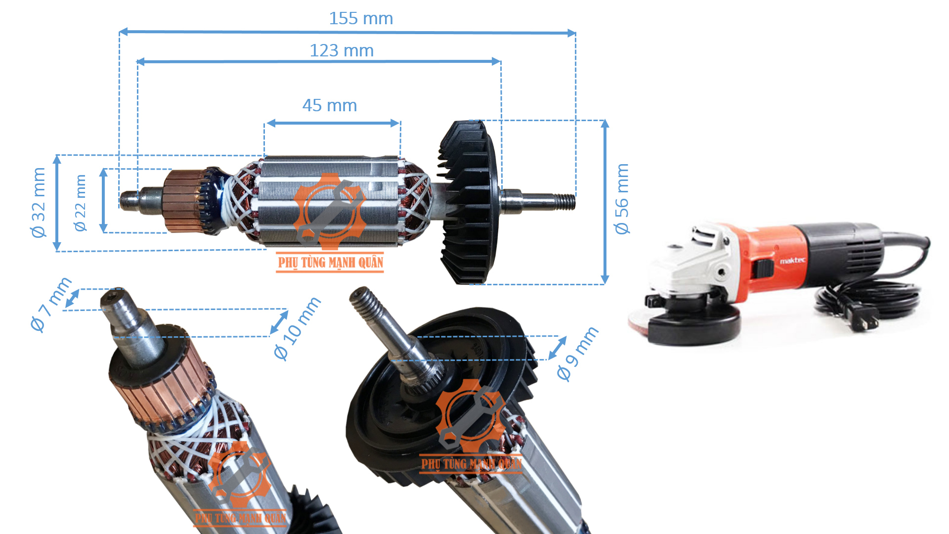 rotor/ruột máy mài MAKTEC 9506 MT964 MT970 tặng kèm chổi than cao cấp Dùng chung 963, 970, 9508, 9512. 964, 9506.