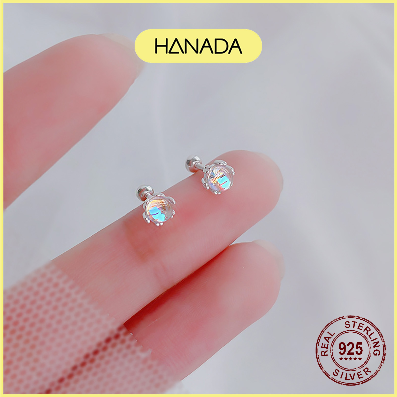 Bông tai bạc 925 hanada đá mặt trăng chốt bi vặn chắc chắn bông nụ tim tròn đá ánh xanh đơn giản 1098