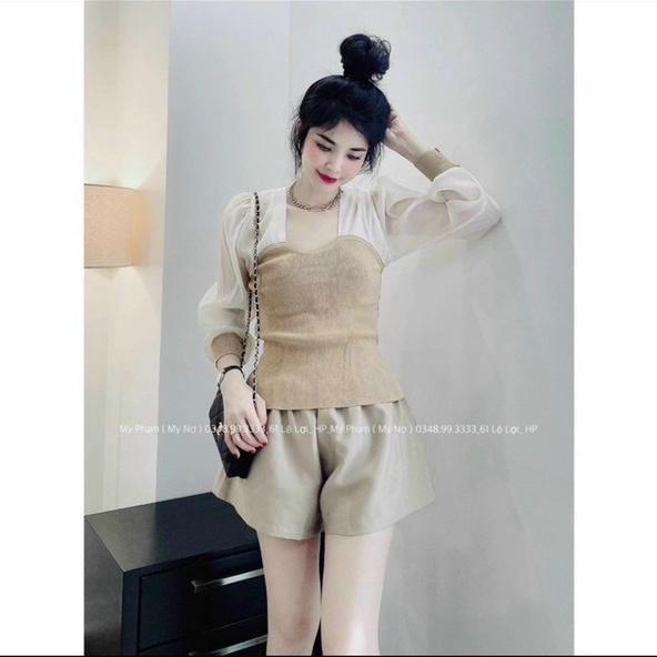 Kèm Video - Dưới 53kg]Áo thun gân cổ vuông phối tay voan bồng dài tiểu thư croptop MC
