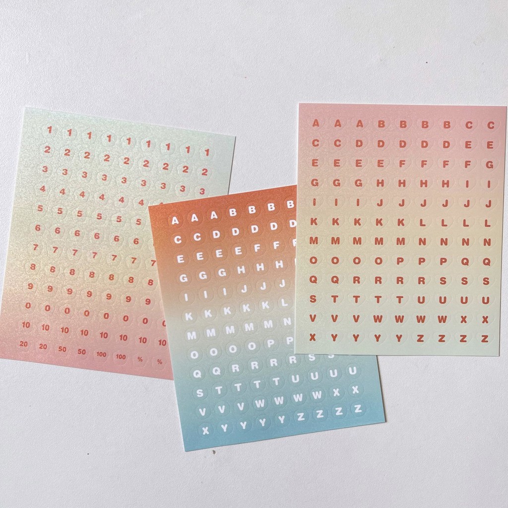 Set 3 tờ sticker alphabet và số ombre trái tim