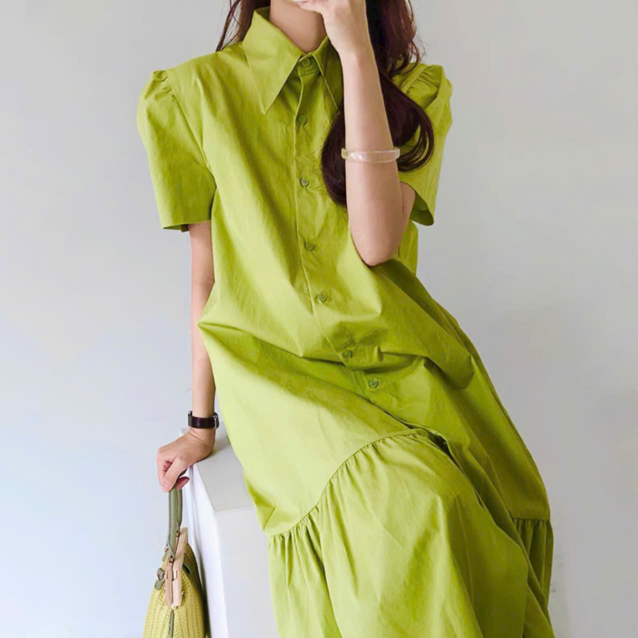 Đầm nữ sơ mi xanh bơ đuôi cá