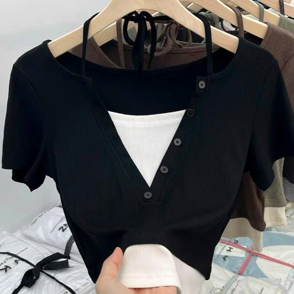 Áo croptop gân tay ngắn giả yếm