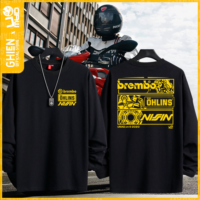Áo thun tay dài UMAD racing boy Ohlins Brembo Nissin cổ tròn tay ngắn màu đen có big size 100kg mẫu Biker xe độ, xe đua rcb đi phượt chất vải thể thao thoáng mát