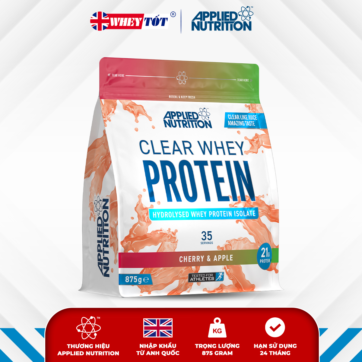 Bột uống Clear Whey Protein 875g 35 lần dùng hỗ trợ tăng cơ