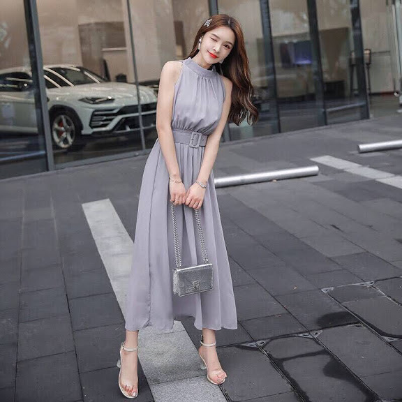 [HCM]ĐẦM MAXI XÁM KÈM NỊT