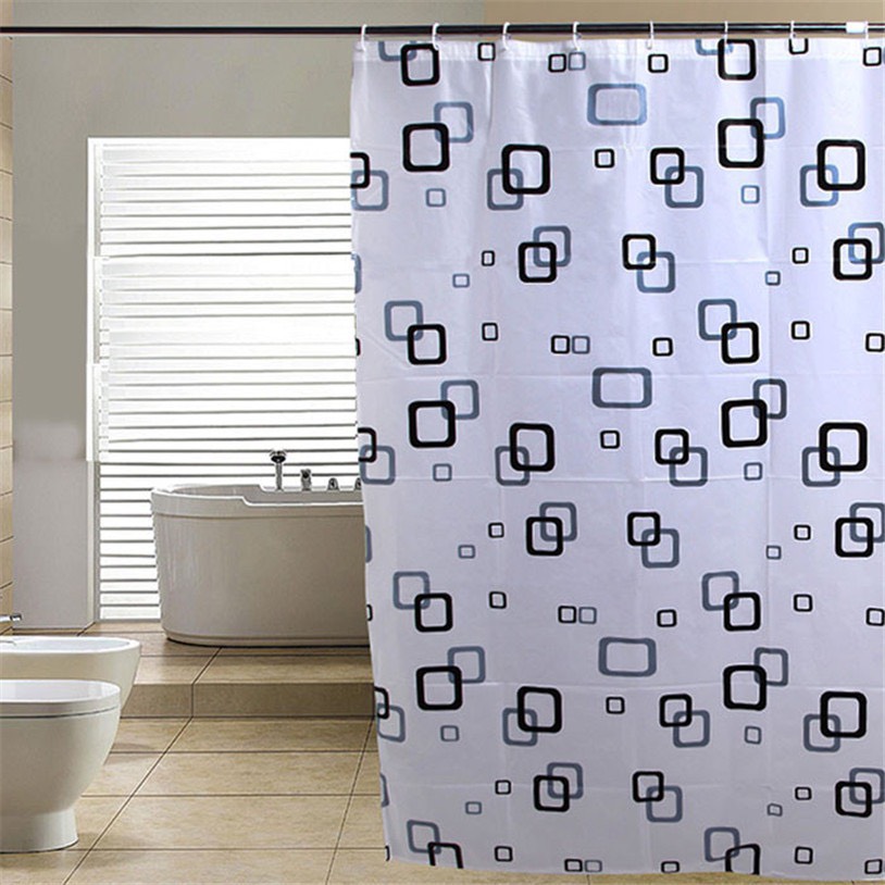 Rèm phòng tắm nhựa PEVA chống thấm nước 1.8m x 1.8m cao kèm 12 móc - Vuông Viền Xanh Đen