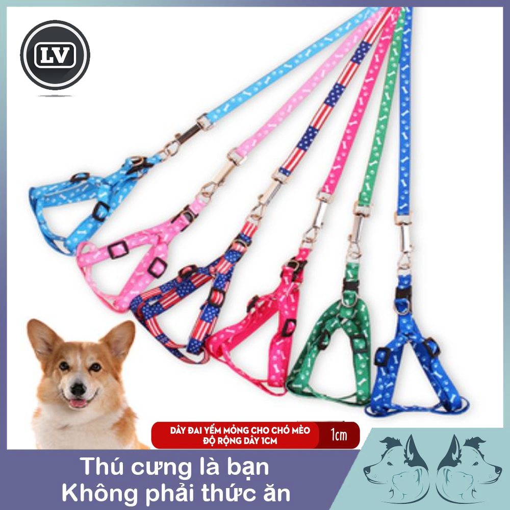 Dây dắt và đai yếm cho chó mèo dưới 5kg loại mỏng độ rộng dây 1cm nhiều màu sắc