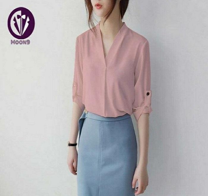 [HCM]Áo sơ mi nữ cổ V cao cấp 2 màu: Trắng Hồng