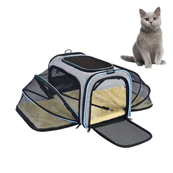 Pet Carrier Airline Approved 2 Sides Expandable Dog Cat Carriers Collapsible Soft-Sided Travel Bag Crate with Removable Fleece Pad & Pockets for Puppies Kittens Small Animals 18x11x11inch proficient