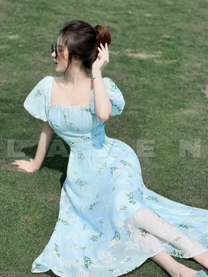 Đầm dự tiệc nữ dáng dài. cổ vuông, tay phông ( có mút & có lót)