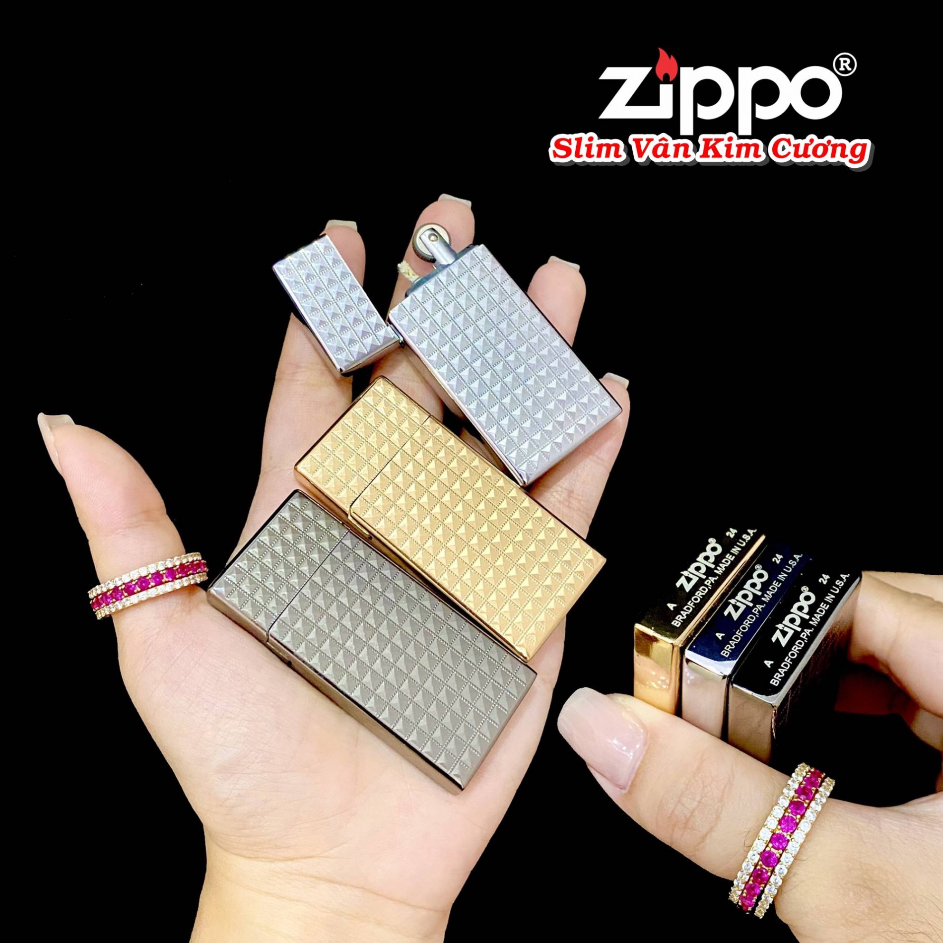 bật lửa zippo vân kim cương slim - xài gas