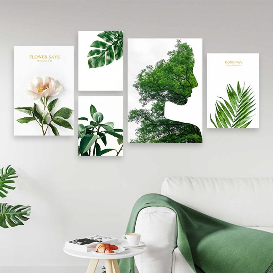 Lalashop - Bộ 5 tấm tranh treo tường phòng khách có khung cao cấp LaLaShop Tranh Lá Xanh Mẫu: TG1257 Tranh treo tường 3D hiện đại