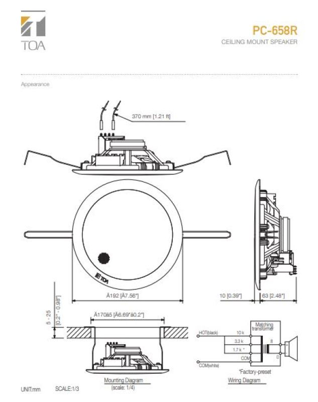 Loa âm trần TOA PC-658R - Chính Hãng
