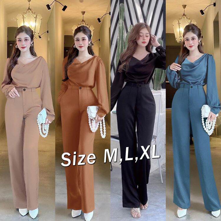 Set nguyên bộ áo tay dài cổ đổ quần ống suông xinh xắn