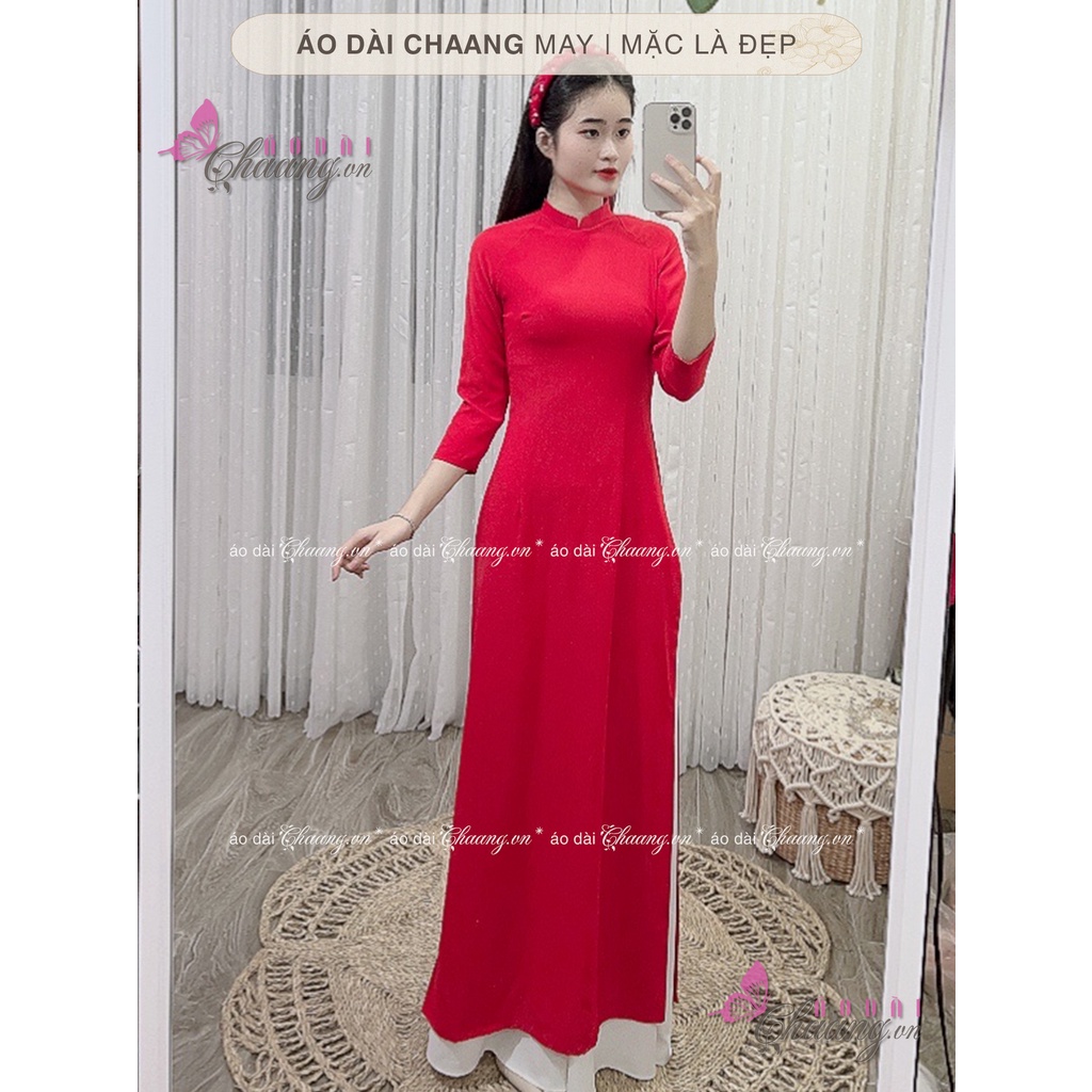Áo Dài 4 Tà Lụa Đỏ Truyền Thống Chaang May Sẵn ADC592 Cổ Vuông Tay Lỡ Chất Tằm Chụp Hình Lễ Tết Đẹp