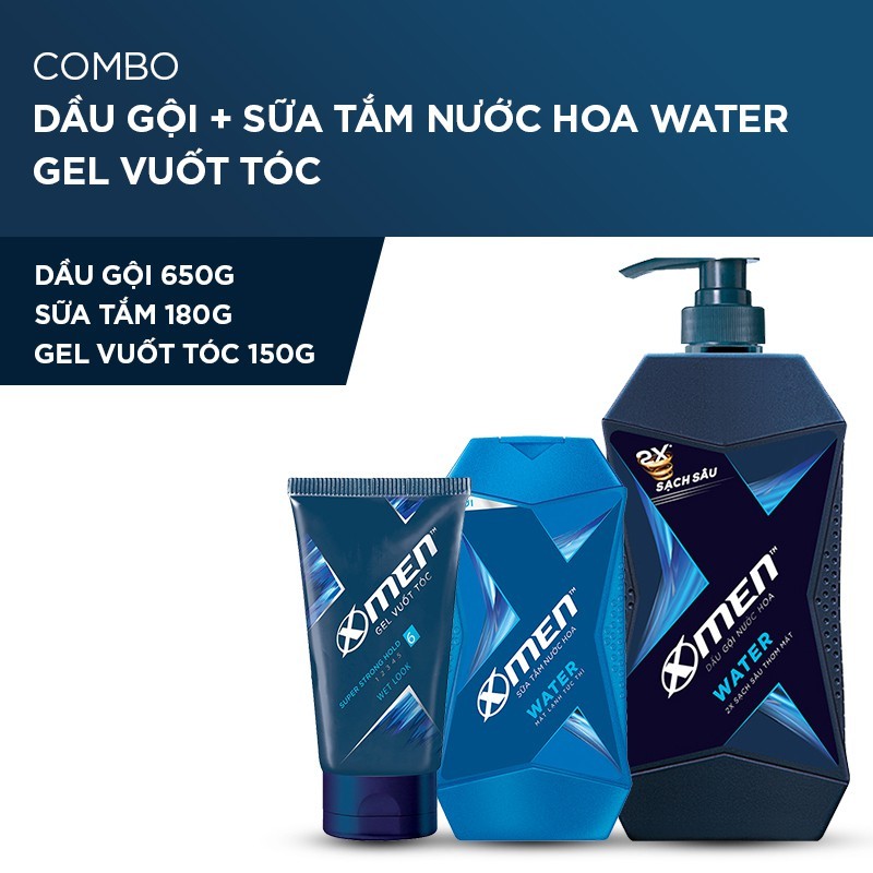 X Men - Combo Dầu gội nước hoa X-Men Water 650g+Sữa tắm 180g+Gel siêu cứng và bóng tóc 150g - Giá Sỉ