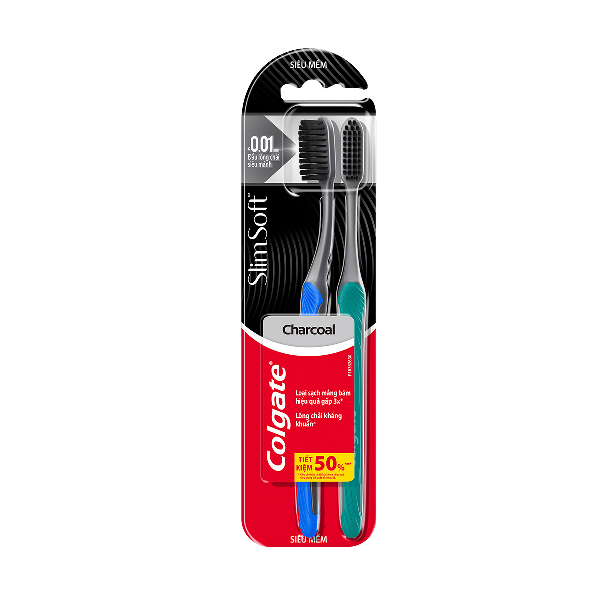 [Chỉ 4.4_Áp 2 tầng Voucher giảm đến 30%] Bộ 2 bàn chải Colgate SlimSoft Charcoal than hoạt tính kháng vi khuẩn siêu mềm mảnh