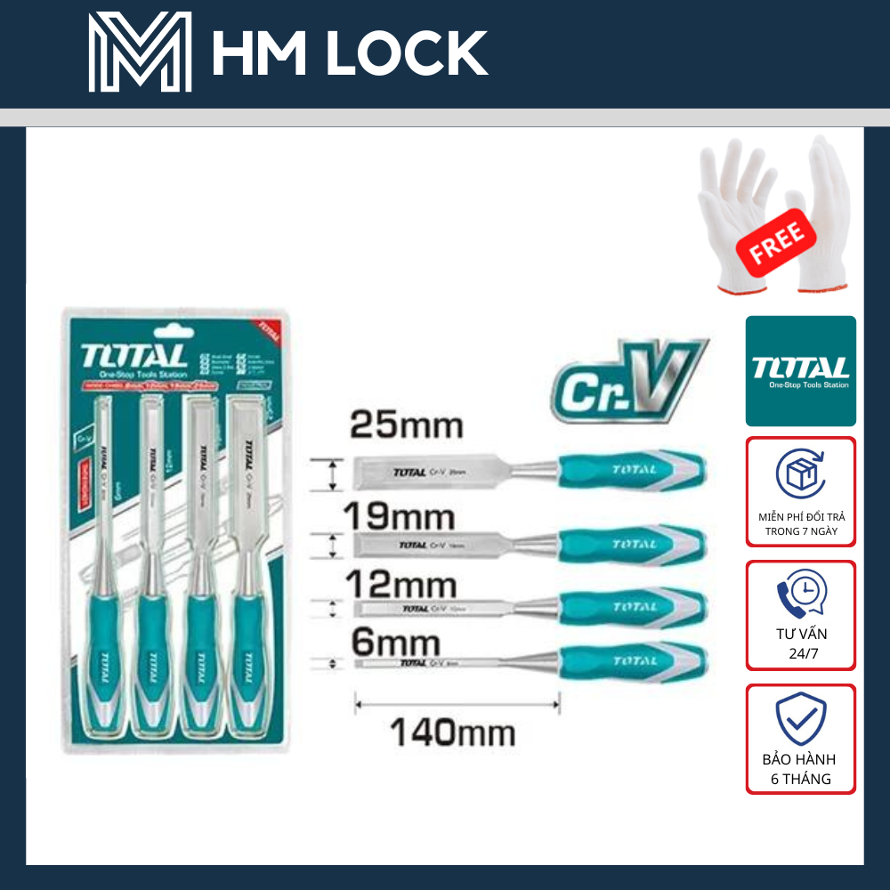 Bộ 4 mũi đục gỗ total - thép cr-v siêu bén, không gỉ cao cấp - tht41k0401 - hm lock