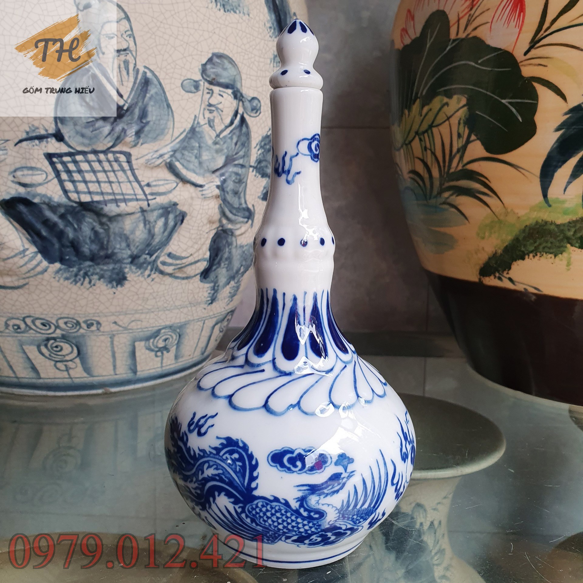 Nậm thờ men lam Bát Tràng Rồng Phượng