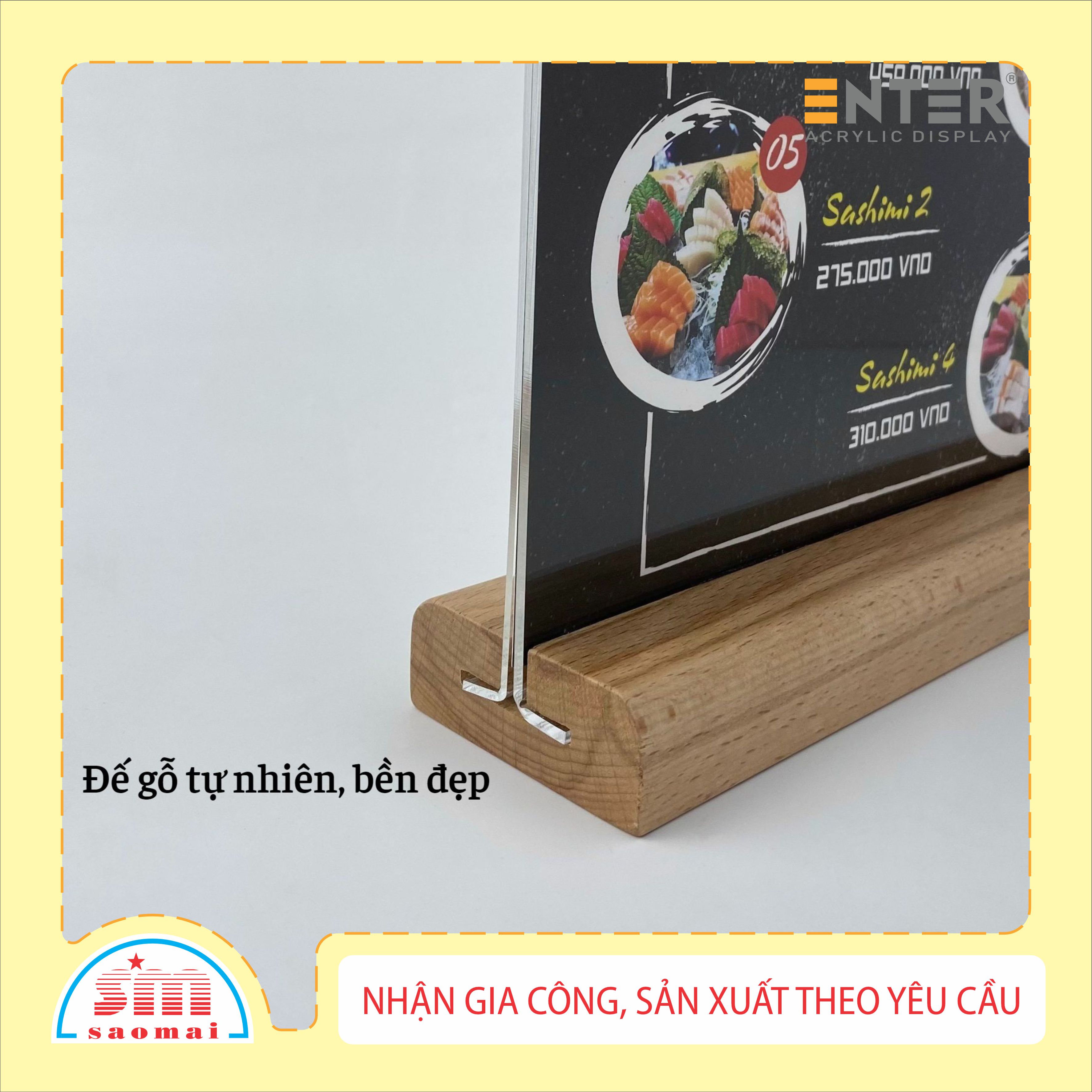 Kệ mica 2 mặt Enter E42 150x210mm đế gỗ A5 đứng, Kệ menu nhà hàng, Standee mica để bàn, Bảng quét mã QR Code