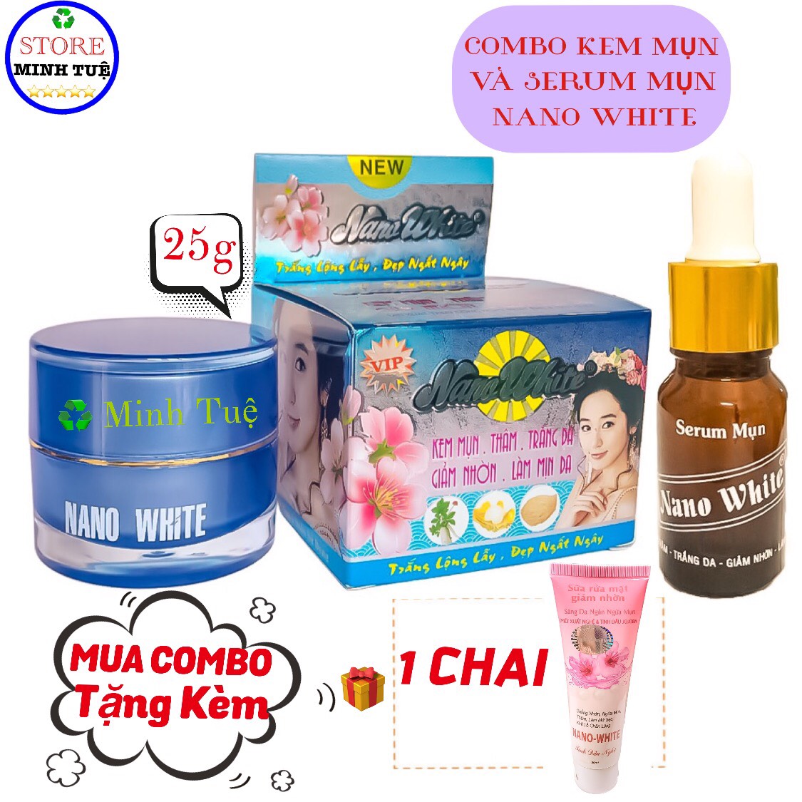 Combo kem mụn, giảm thâm, trắng da, giảm nhờn, làm mịn da (25g) và serum ngừa mụn, xóa thâm, làm trắng da, giảm nhờn, làm mịn da (10ml) Nano White, tặng kèm 1 chai sữa rửa mặt Nano White (80ml).