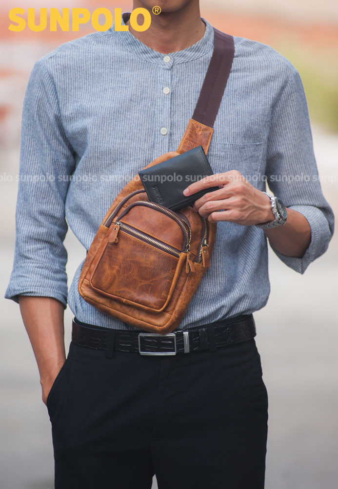 Men Leather Chest Bag SUNPOLO STU103 (Brown)