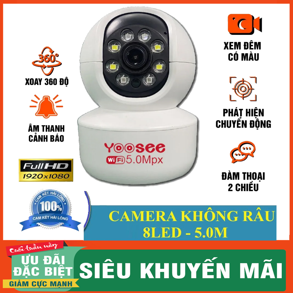 Camera Wifi Yoosee Không Râu 8 LED 5.0Mpx FHD1080 New 2023 Xoay 360 XEM ĐÊM CÓ MÀU - ĐÀM THOẠI 2 CHIỀU - BÁO ĐỘNG CHỐNG TRỘM - PHÁT HIỆN CHUYỂN ĐỘNG CAMERA GIA ĐÌNH NHỎ GỌN - CAMERA AN NINH GIÁM SÁT