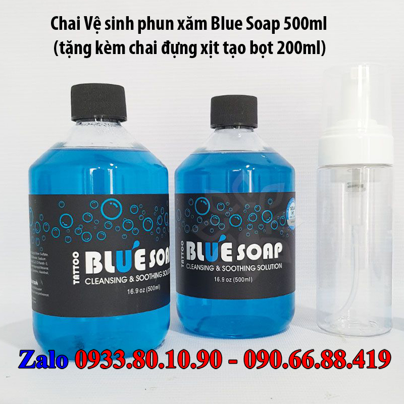 Chai Vệ sinh phun xăm Blue Soap 500ml (tặng kèm chai đựng xịt tạo bọt 200ml)
