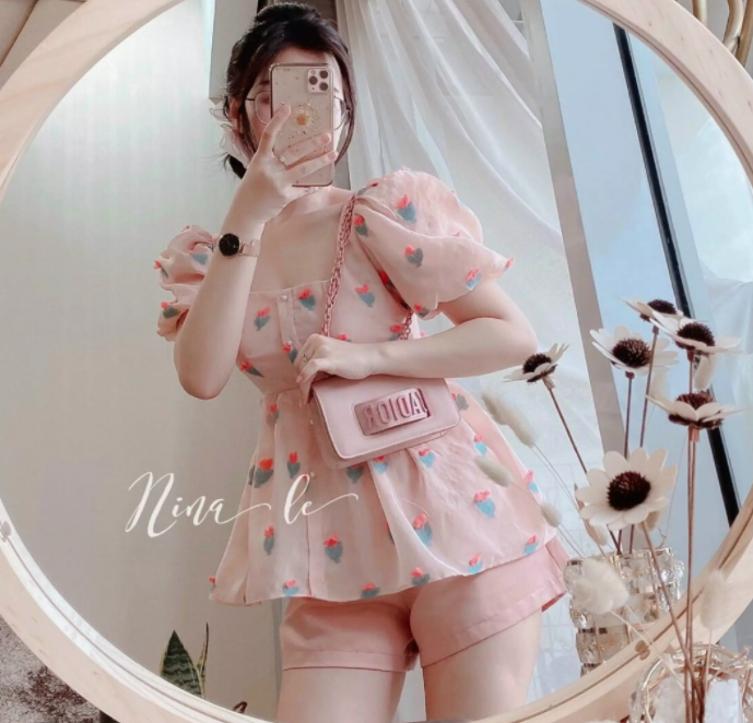 Sét bộ nữ áo babydoll tay búp họa tiết dâu tây kèm quần đùi #setbonu