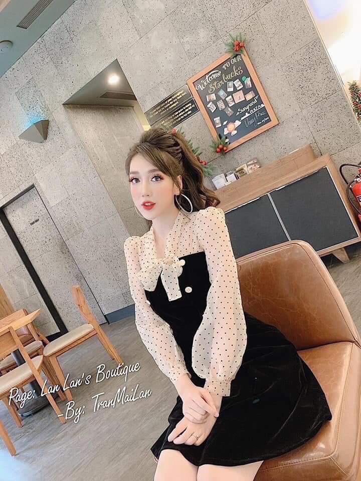 Đầm tay bồng lưới bi, cột nơ cổ
