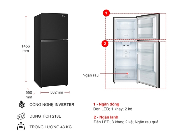 [Trả góp 0%]Tủ lạnh Casper Inverter 218 lít RT-230PB (Giá áp dụng giao tại HN, HCM& các tỉnh liên hệ shop)