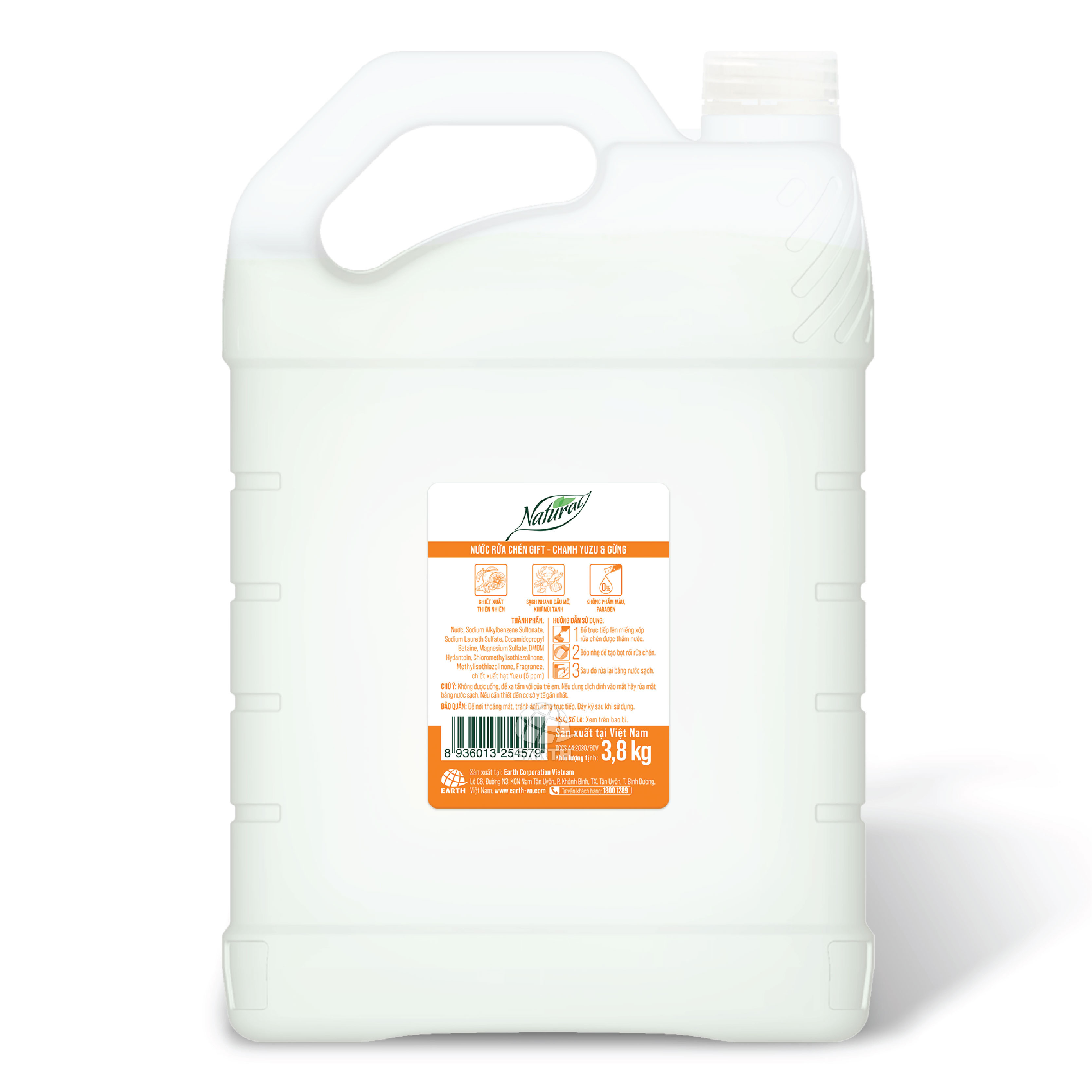 Nước rửa chén Cao Cấp Gift Natural (Chanh Yuzu & Gừng/ Trà Matcha & Lô Hội) can 3,8Kg