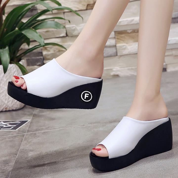Dép đế xuồng nữ đế đúc quai bảng to - Dép đế xuồng đế đúc êm nhẹ cao 6.5cm - Dép nữ quai ngang da mềm - Dép nữ có 2 màu Trắng và Đen