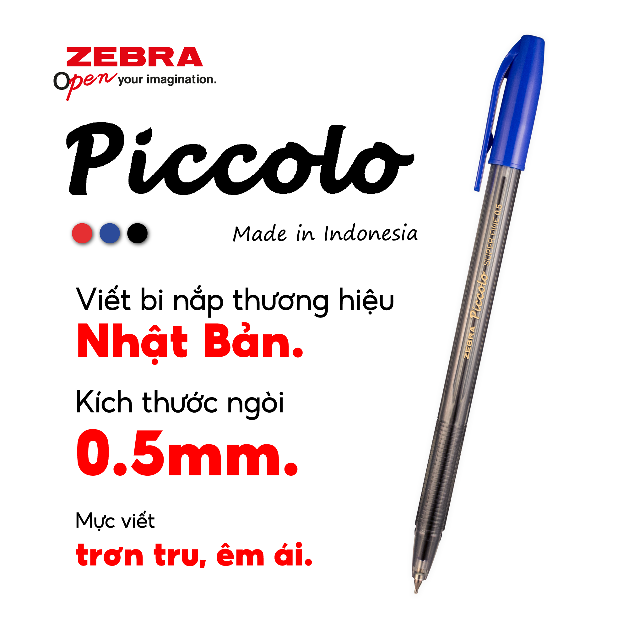 Bút Bi Zebra Piccolo 0.5mm Chính Hãng Nhật - Viết Êm Mượt, Ra Mực Đều, Nhanh Khô Chống Lem, Nét 0.5 Rõ Đẹp; Đầu Bi Bền Hạn Chế Tắc Mực, Không Đứt nét - Mực Xanh/Đen/Đỏ - Thân Nhỏ Gọn Dễ Cầm, Kẹp Cài Tiện Mang Theo - Học tập/Văn phòng - 1 Cây