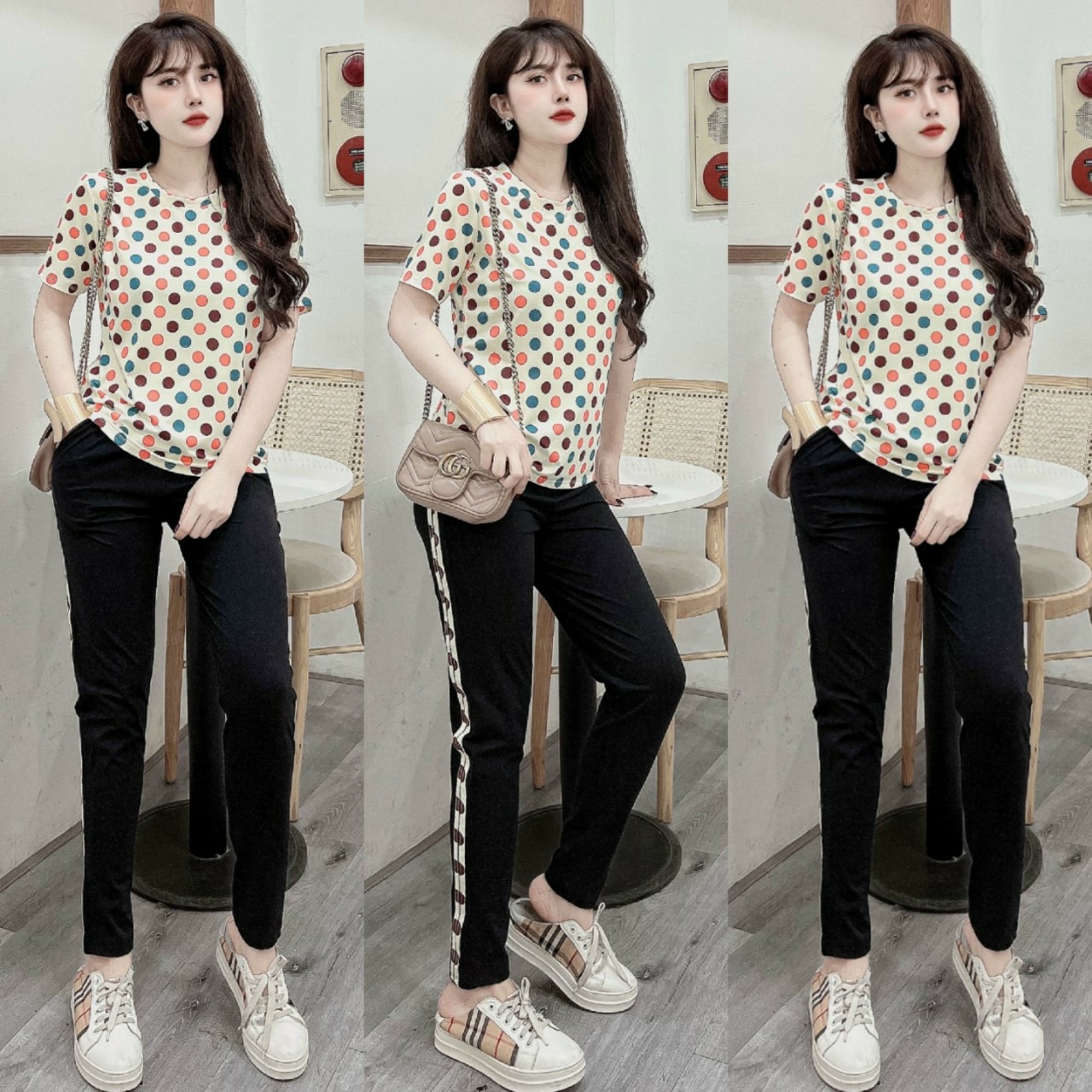 Đồ bộ dài thun cotton dáng thể thao chấm bi màu (2 màu: đen, kem)