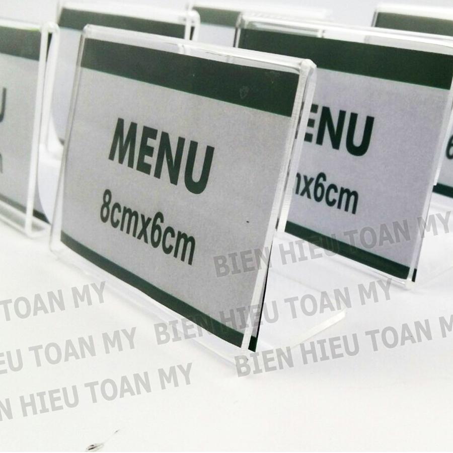 Menu mica chữ L size 8cm x 6cm