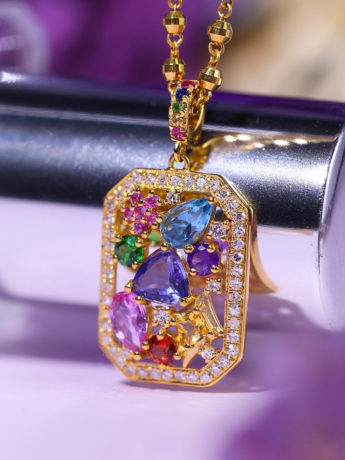 Bộ khu vườn bí mật nhẫn kho báu đầy màu sắc lãng mạn đầy đủ khảm mạ 18k mặt dây chuyền đá tanzanite vàng nữ