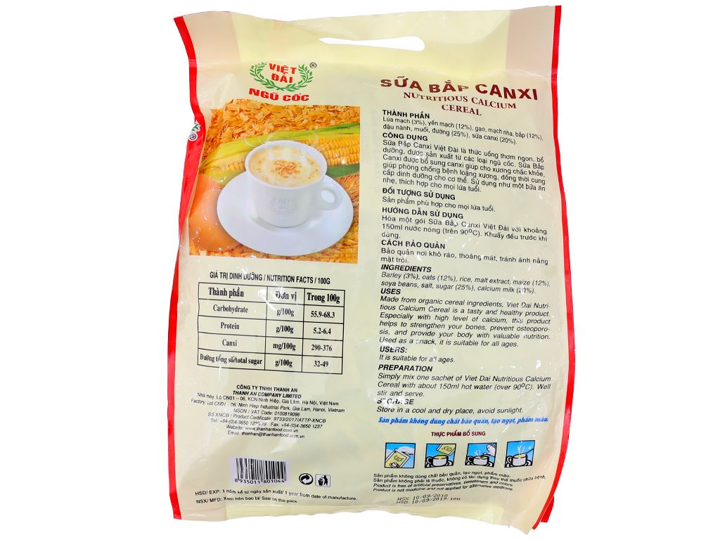 BỘT NGŨ CỐC SỮA BẮP CANXI VIỆT ĐÀI 600GR ( 20 GÓI x 30GR ) 01044