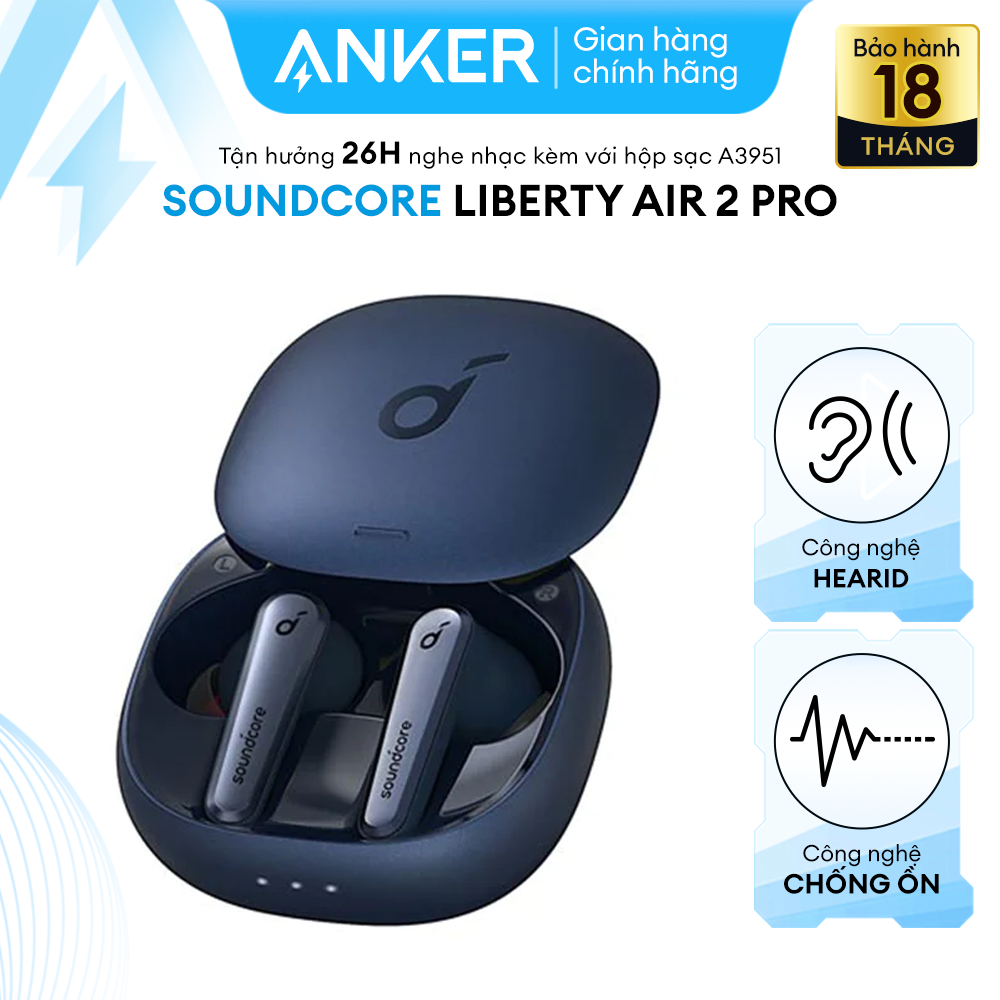 Tai nghe Bluetooth TWS ANKER SOUNDCORE Liberty Air 2 Pro, thời gian chơi nhạc 26 giờ, 6 micro khử nhiễu, chống ồn chủ động ANC, công nghệ HearID hiệu chỉnh phù hợp cho tai mỗi người nghe - A3951