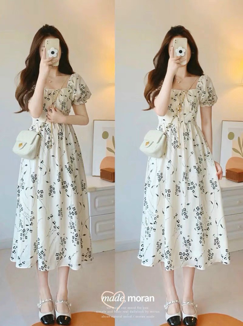 HOÀN TIỀN 15% - Đầm tiểu thư hoa nhí tay phồng dễ thương mặc hè mát mẻ váy xòe vintage đơn giản cổ vuông