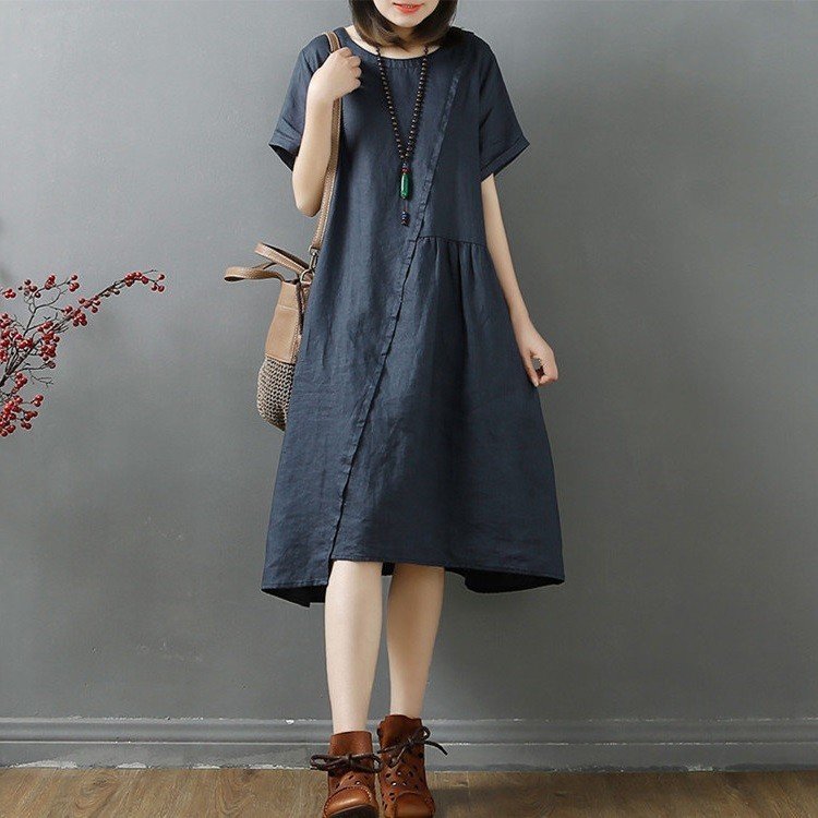 Đầm suông nữ linen thiết kế vạt chéo, form rộng trẻ trung che khuyết điểm Đũi Việt