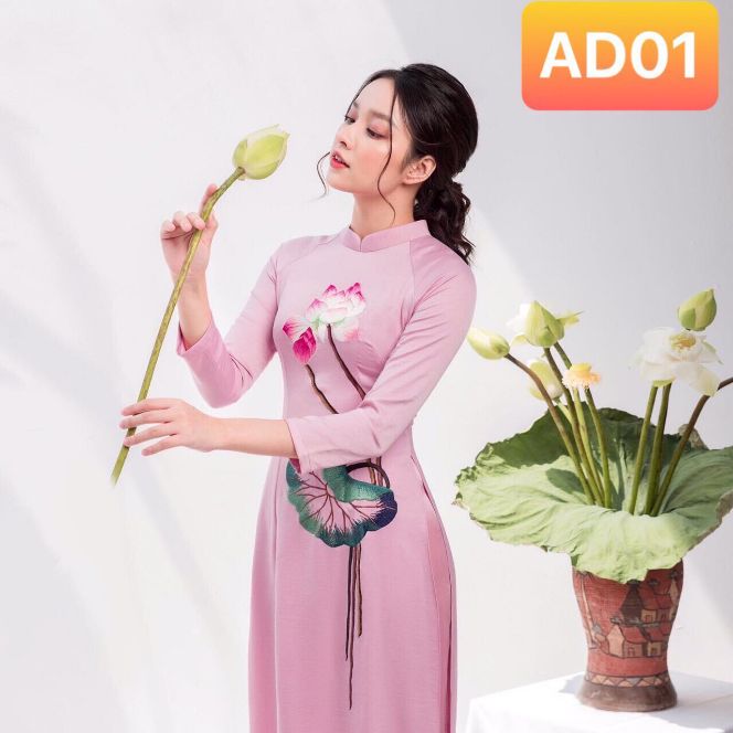 Áo dài lụa thêu bông sen cao cấp