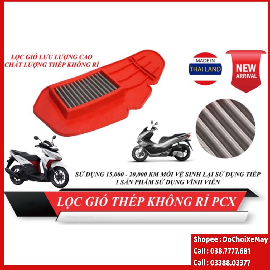 Lọc gió thép Vĩnh Cữu cho Click Vario Pcx Ab ShMode nhựa cao su đỏ nổi bật siêu bền. DoChoiXeMay