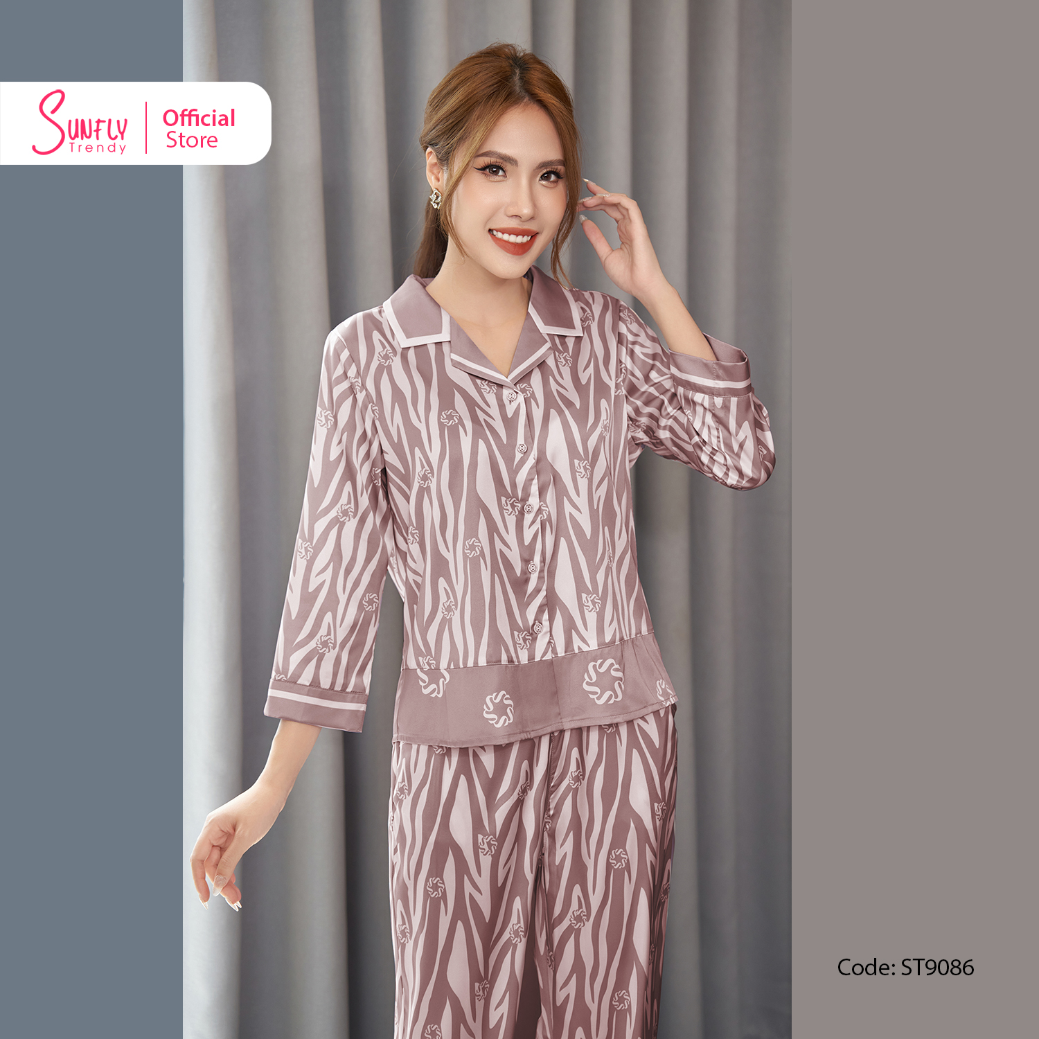 Bộ đồ mặc nhà nữ pyjamas lụa sunfly áo tay lỡ quần dài st9086
