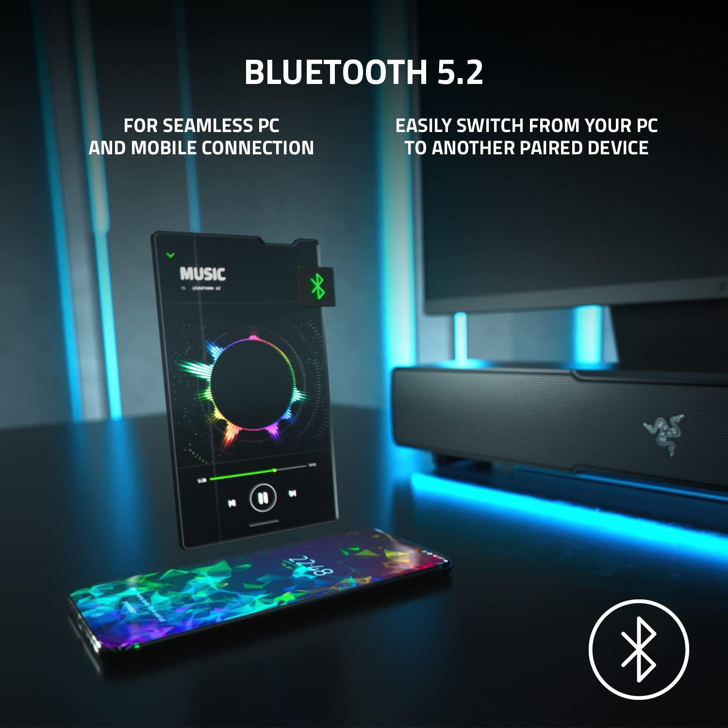 Loa Razer Leviathan V2 | PC Gaming Soundbar with Subwoofer (Loa Gaming) | THX Spatial Audio | Compact Design | Bluetooth