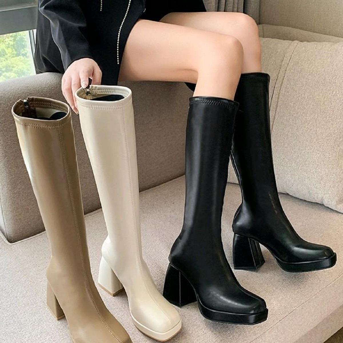 Bốt Đùi Độn Đế 8cm Boots Da Mềm Cổ Cao Khoá Kéo
